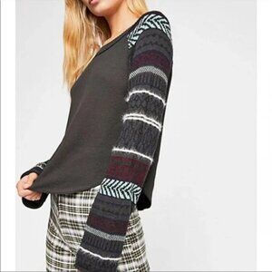 Free People Navy Gray Fairground Thermal Bell Long Sleeve Shirt-Size Sm